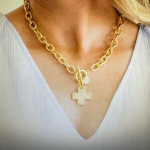 Gold Link Necklace with Cross Pendant and Toggle Clasp